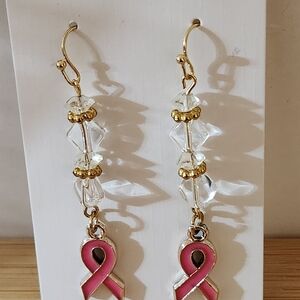 Handmade Pink Ribbon Breast Cancer Awareness Pierced Earrings with Crystals